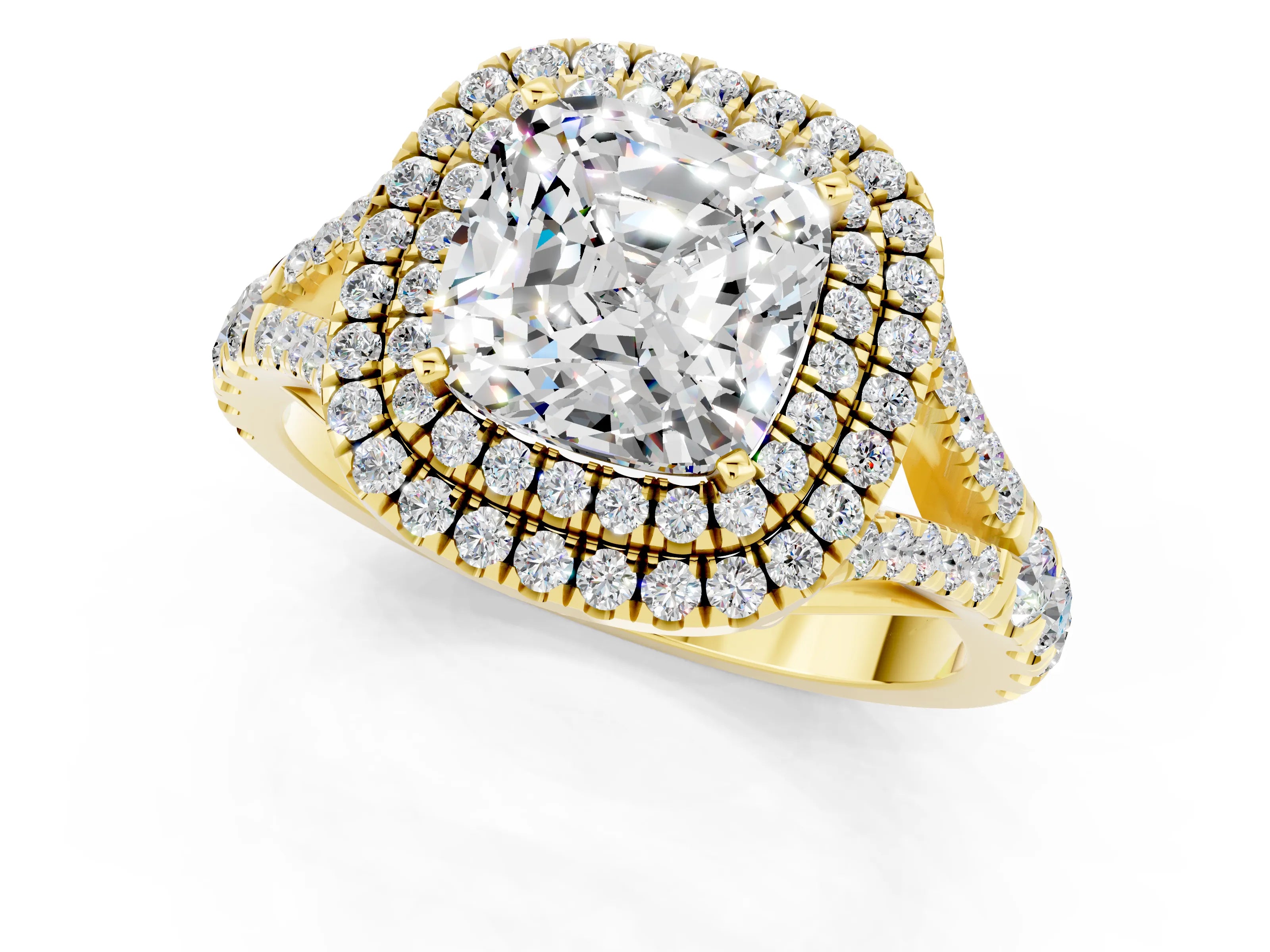 Yellow gold Cushion Cut Moissanite Double Halo Ring with Split Shank and Prong Setting_13