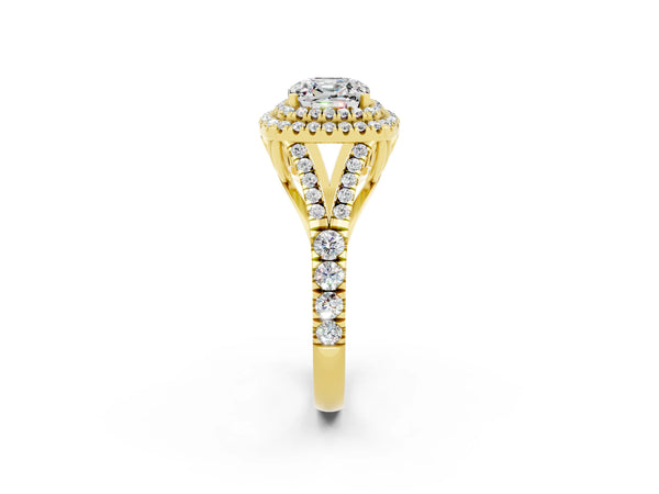 Yellow gold Cushion Cut Moissanite Double Halo Ring with Split Shank and Prong Setting