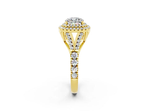 Yellow gold Cushion Cut Moissanite Double Halo Ring with Split Shank and Prong Setting_14