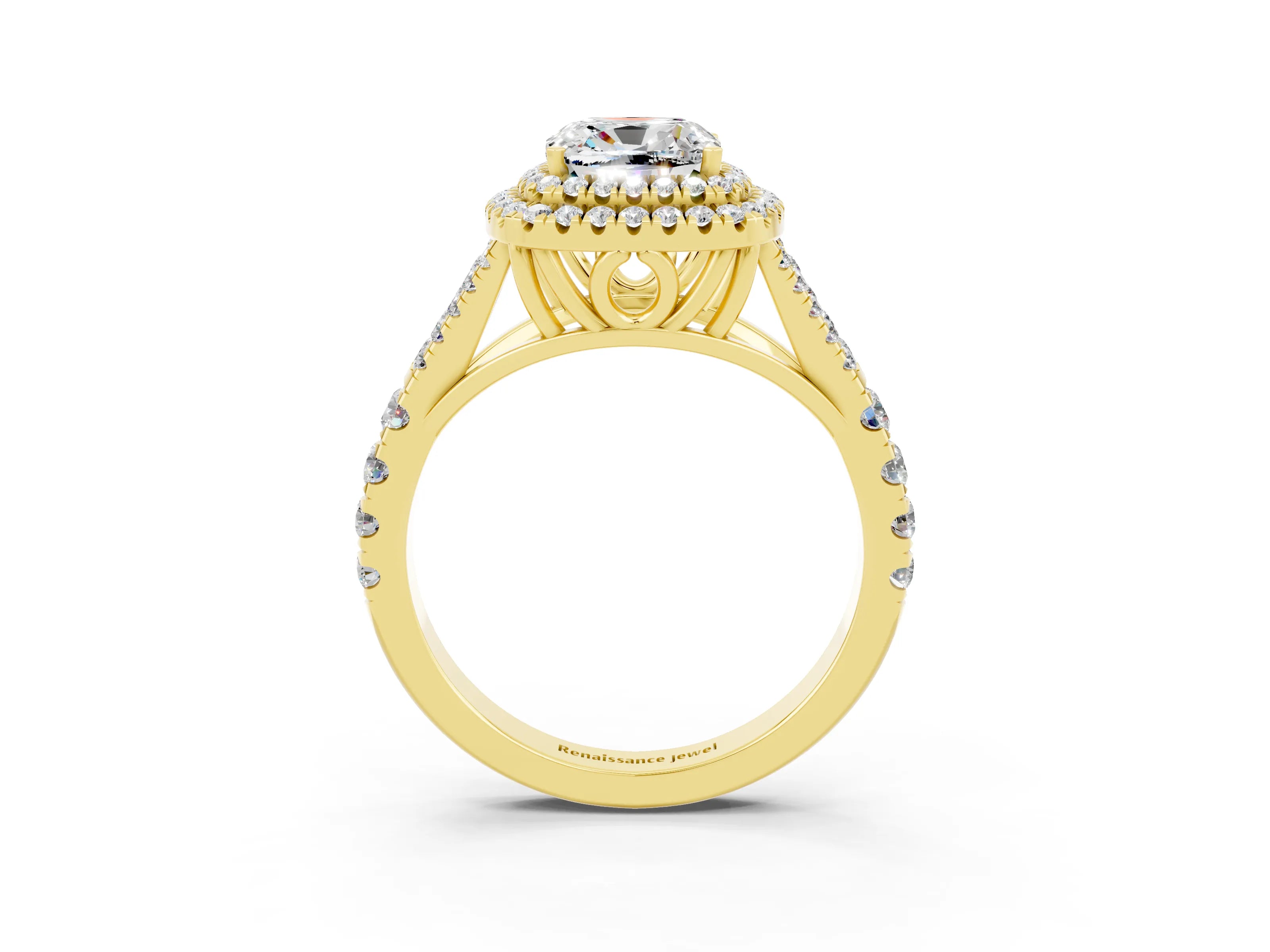 Yellow gold Cushion Cut Moissanite Double Halo Ring with Split Shank and Prong Setting_15