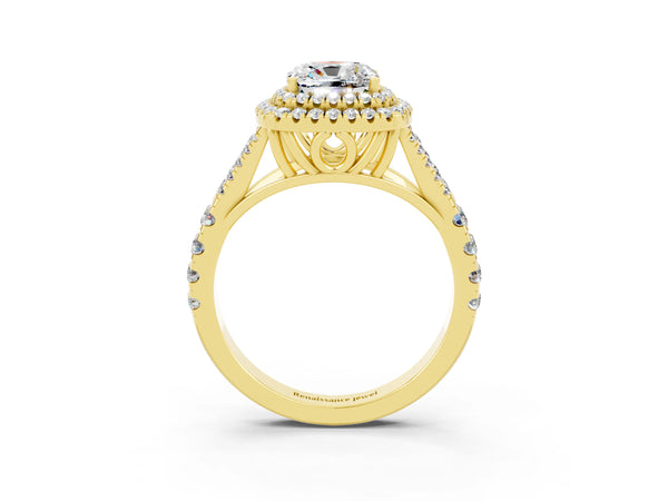 Yellow gold Cushion Cut Moissanite Double Halo Ring with Split Shank and Prong Setting
