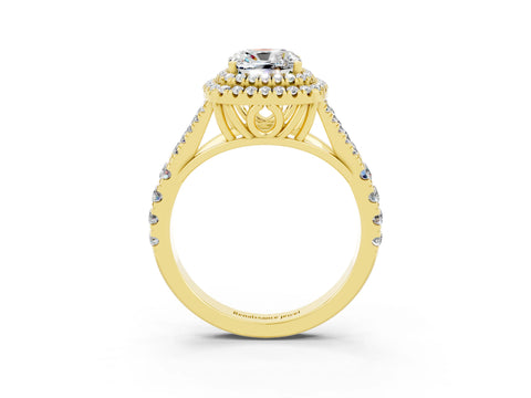 Yellow gold Cushion Cut Moissanite Double Halo Ring with Split Shank and Prong Setting_15