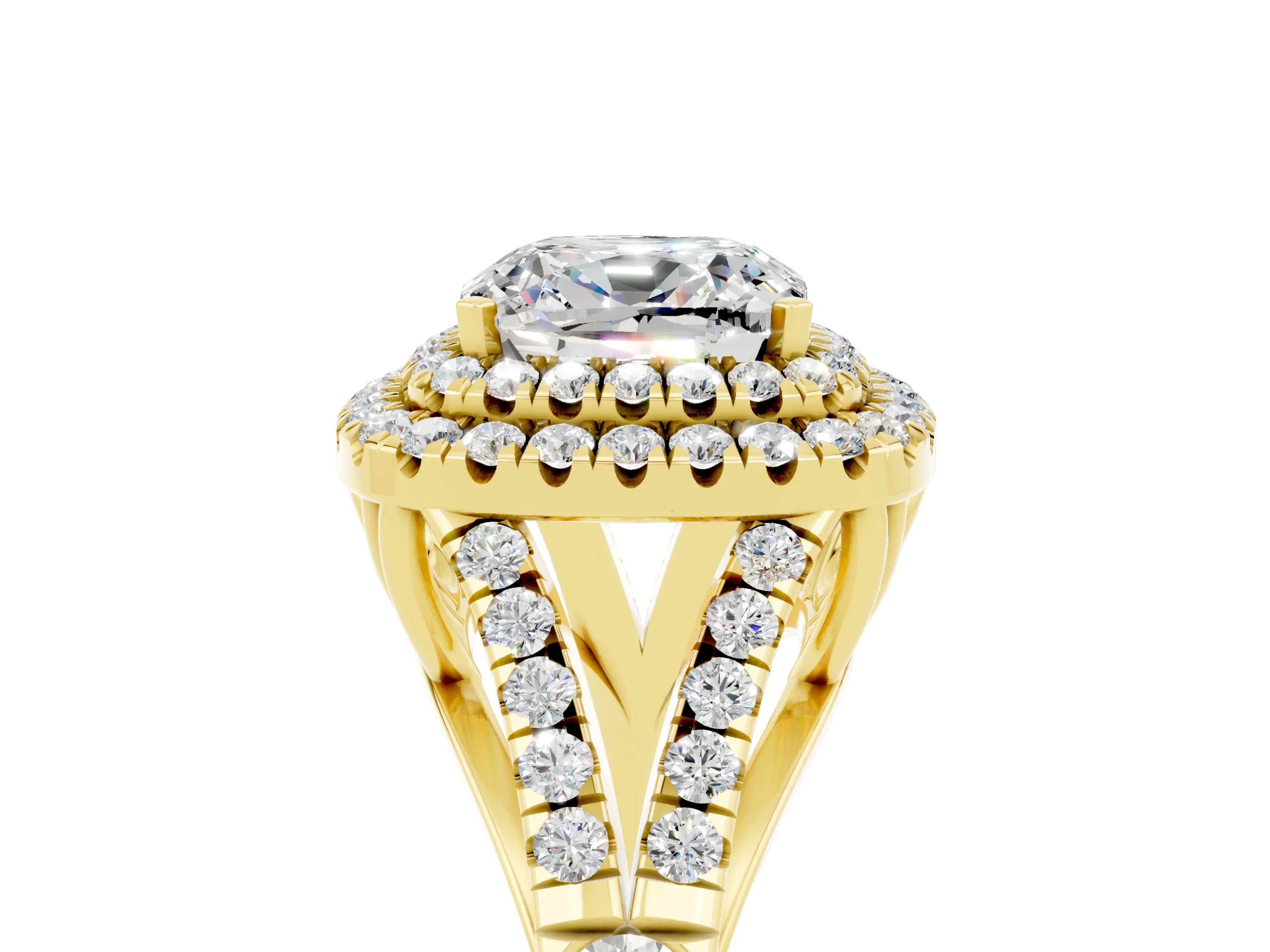 Yellow gold Cushion Cut Moissanite Double Halo Ring with Split Shank and Prong Setting_17