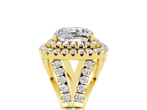Yellow gold Cushion Cut Moissanite Double Halo Ring with Split Shank and Prong Setting_17