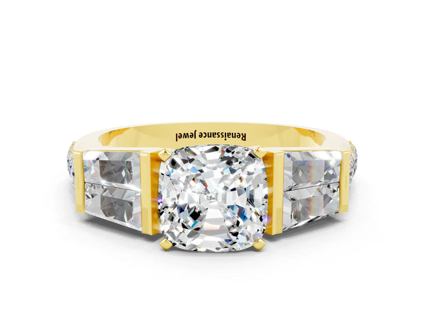 Yellow gold Cushion Cut Moissanite Engagement Ring with Baguette Side Stones and Channel Set Band