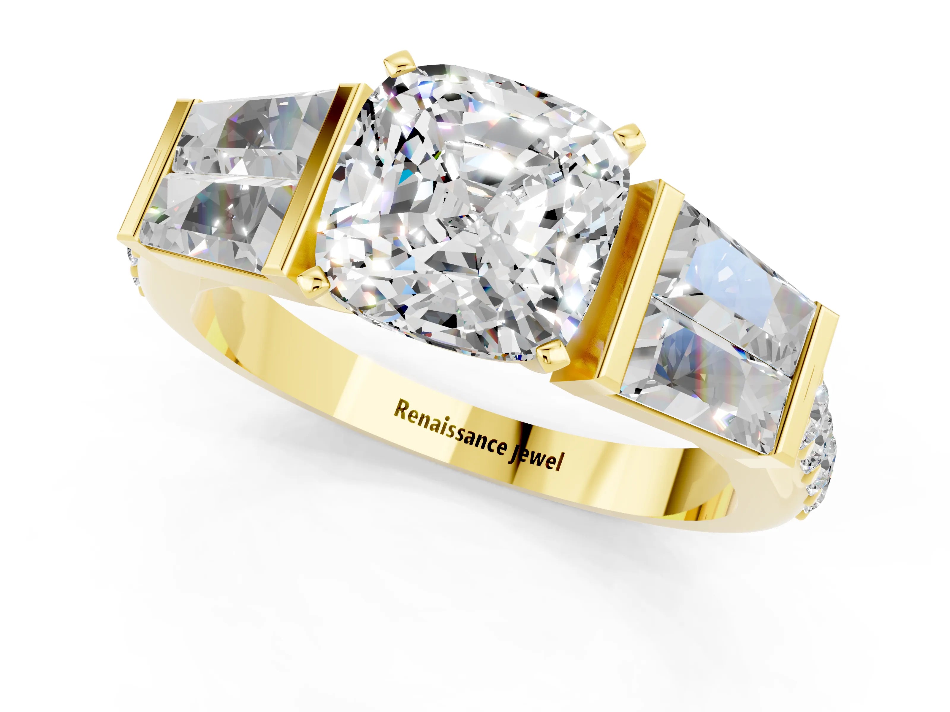 Yellow gold Cushion Cut Moissanite Engagement Ring with Baguette Side Stones and Channel Set Band_1