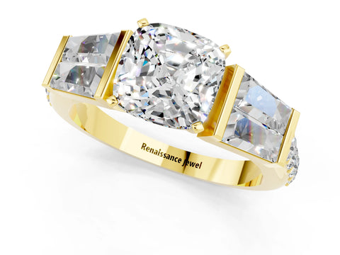 Yellow gold Cushion Cut Moissanite Engagement Ring with Baguette Side Stones and Channel Set Band_1