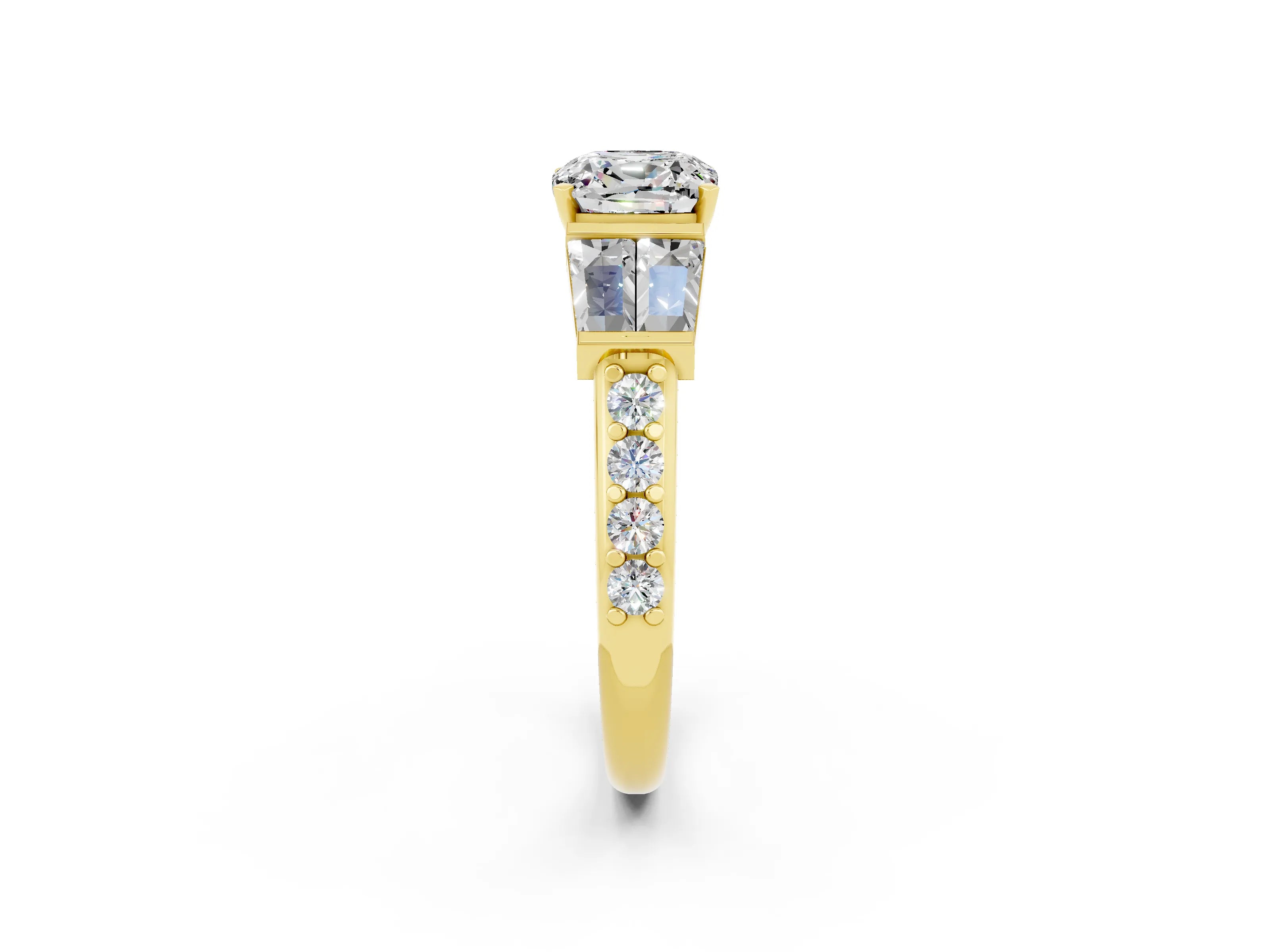 Yellow gold Cushion Cut Moissanite Engagement Ring with Baguette Side Stones and Channel Set Band_2