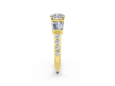 Yellow gold Cushion Cut Moissanite Engagement Ring with Baguette Side Stones and Channel Set Band_2