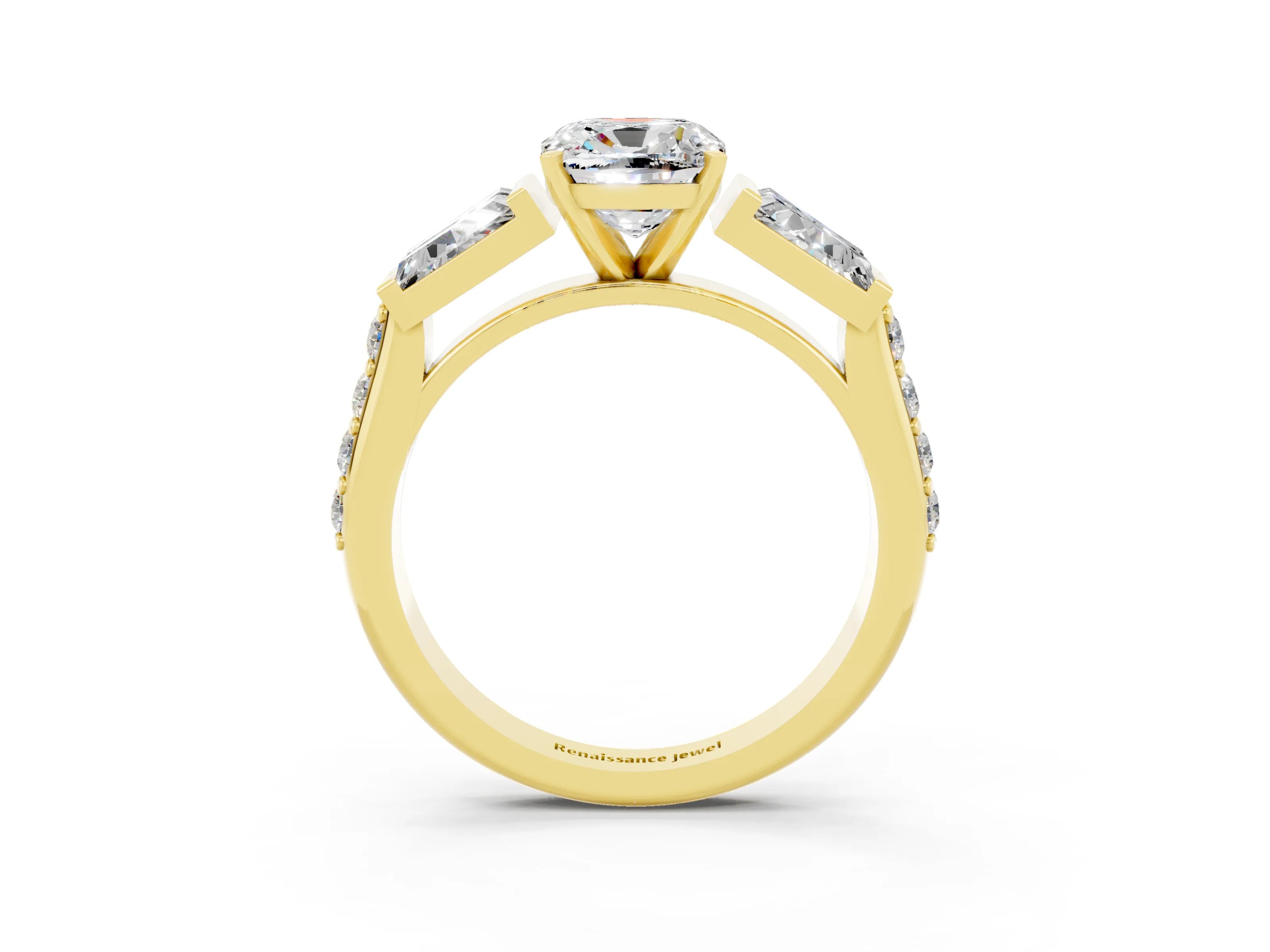 Yellow gold Cushion Cut Moissanite Engagement Ring with Baguette Side Stones and Channel Set Band_3
