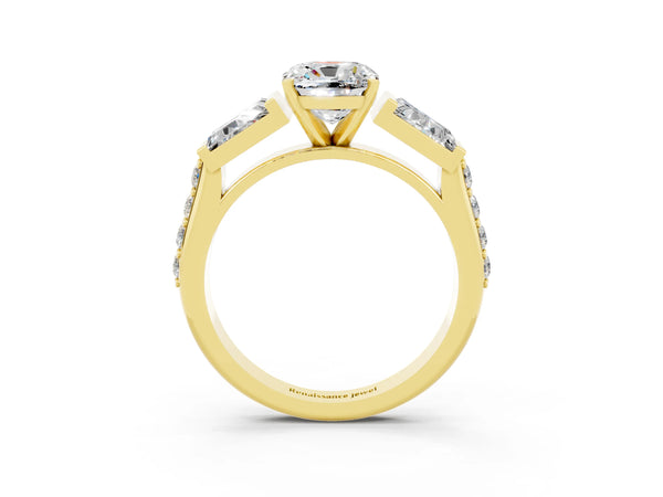 Yellow gold Cushion Cut Moissanite Engagement Ring with Baguette Side Stones and Channel Set Band