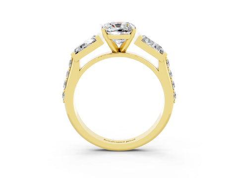 Yellow gold Cushion Cut Moissanite Engagement Ring with Baguette Side Stones and Channel Set Band_3