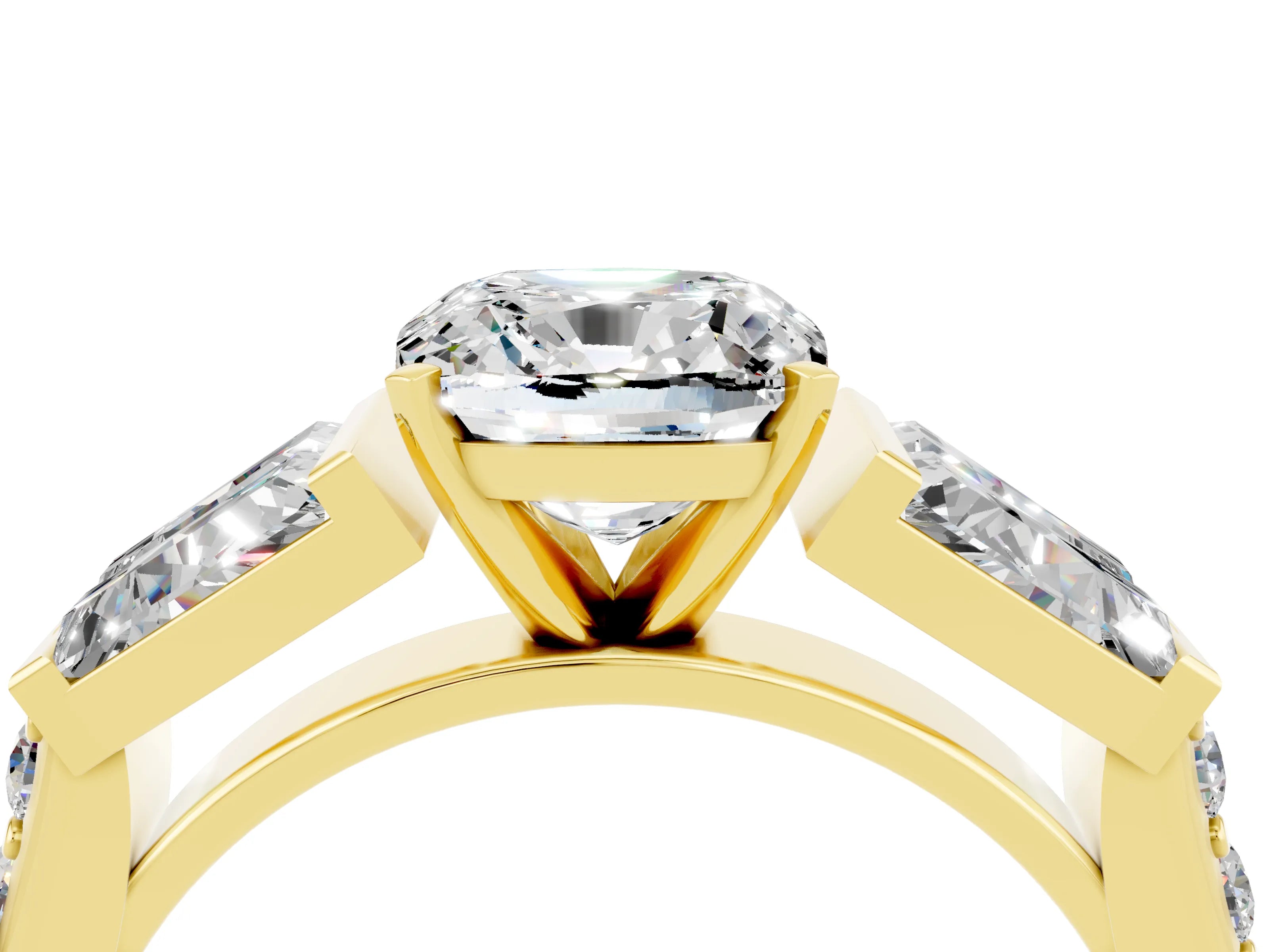 Yellow gold Cushion Cut Moissanite Engagement Ring with Baguette Side Stones and Channel Set Band_4
