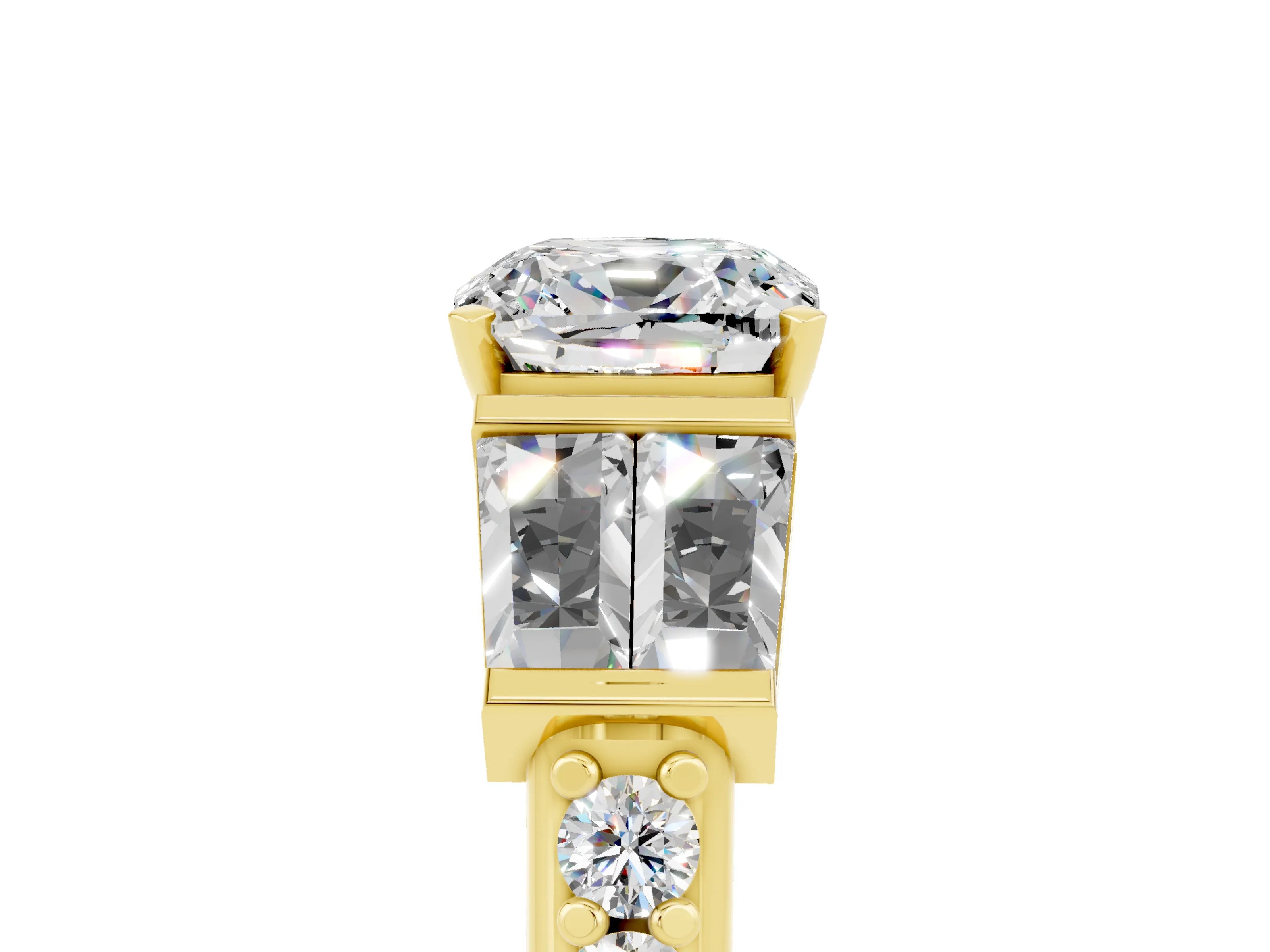 Yellow gold Cushion Cut Moissanite Engagement Ring with Baguette Side Stones and Channel Set Band_5