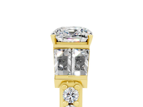 Yellow gold Cushion Cut Moissanite Engagement Ring with Baguette Side Stones and Channel Set Band_5
