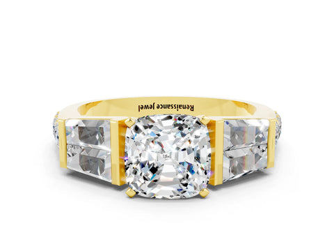 Yellow gold Cushion Cut Moissanite Engagement Ring with Baguette Side Stones and Channel Set Band