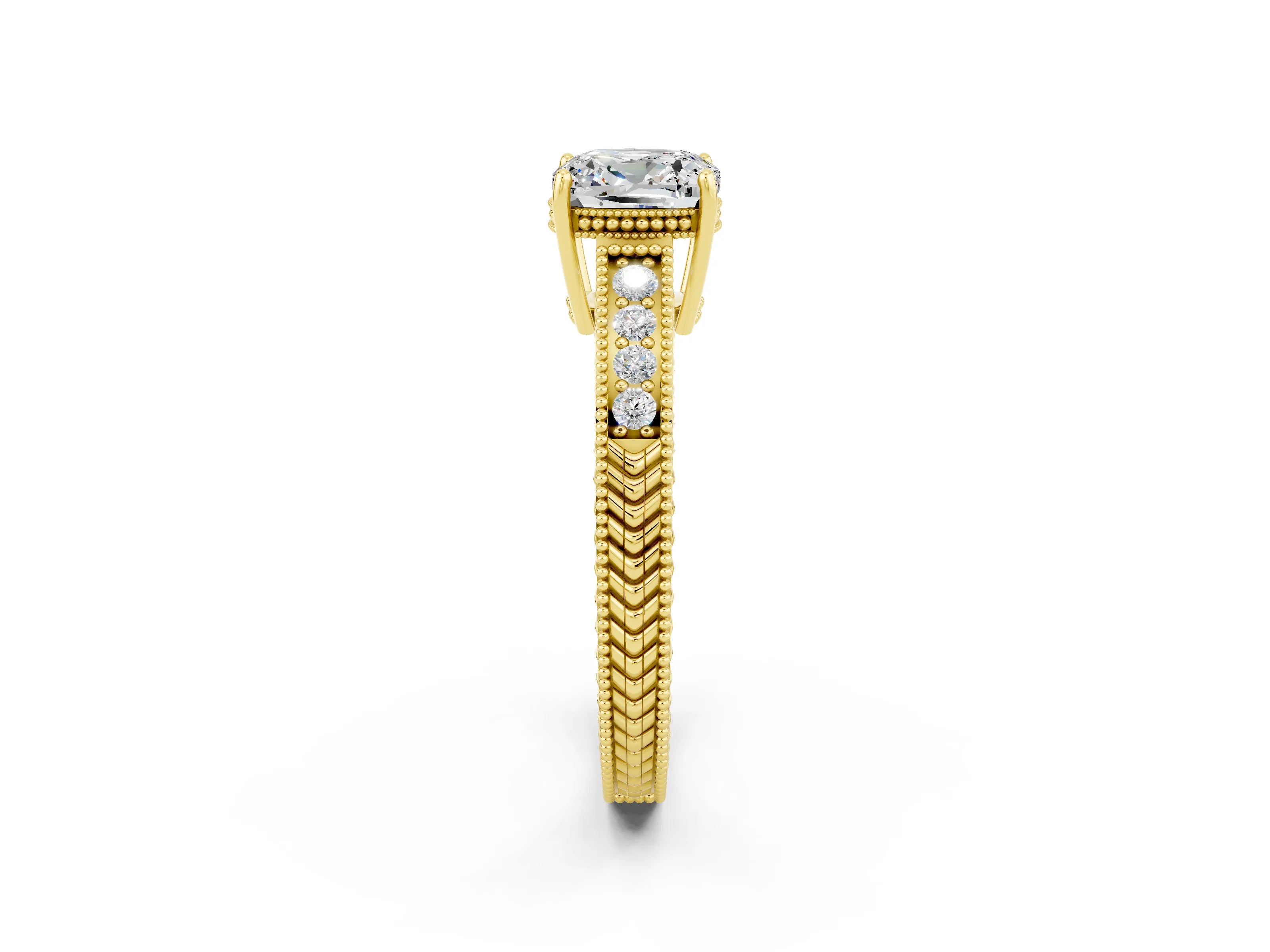 Yellow gold Cushion Cut Moissanite Engagement Ring with Milgrain Channel Set Band and Prong Setting_2