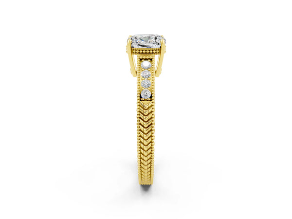 Yellow gold Cushion Cut Moissanite Engagement Ring with Milgrain Channel Set Band and Prong Setting