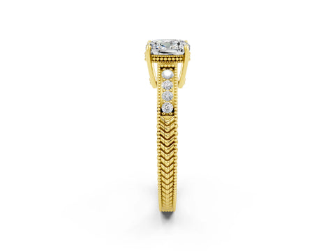 Yellow gold Cushion Cut Moissanite Engagement Ring with Milgrain Channel Set Band and Prong Setting_2