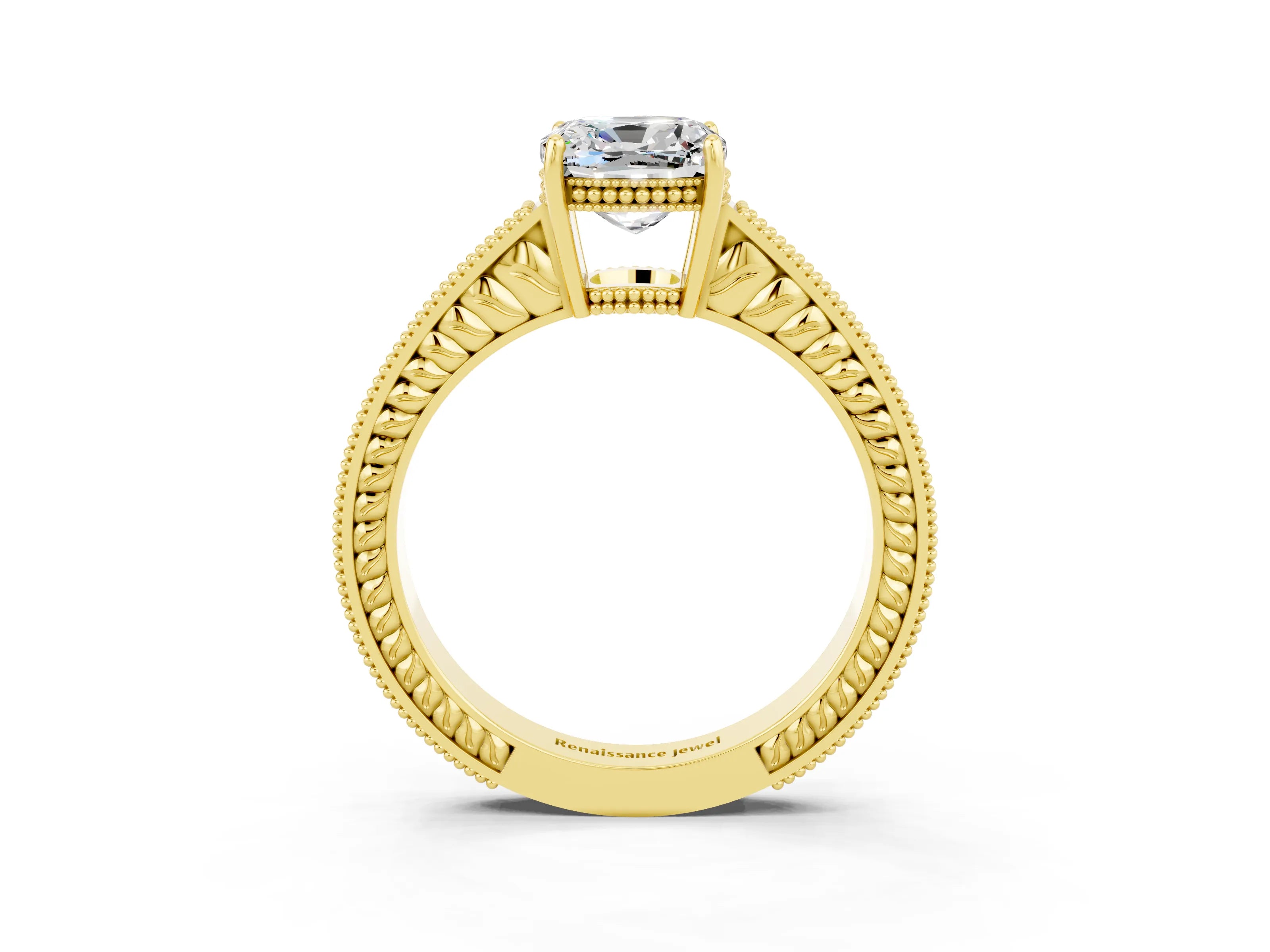 Yellow gold Cushion Cut Moissanite Engagement Ring with Milgrain Channel Set Band and Prong Setting_3