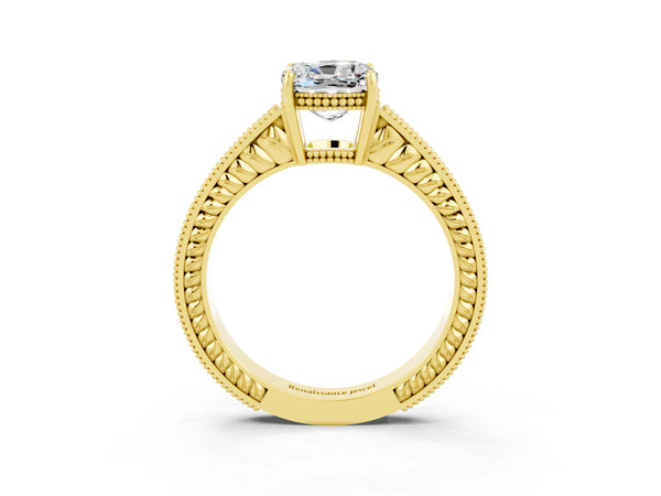 Yellow gold Cushion Cut Moissanite Engagement Ring with Milgrain Channel Set Band and Prong Setting
