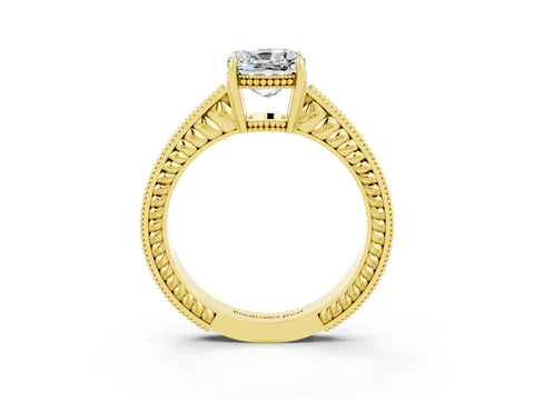 Yellow gold Cushion Cut Moissanite Engagement Ring with Milgrain Channel Set Band and Prong Setting_3