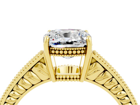 Yellow gold Cushion Cut Moissanite Engagement Ring with Milgrain Channel Set Band and Prong Setting_4