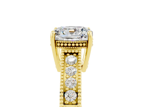 Yellow gold Cushion Cut Moissanite Engagement Ring with Milgrain Channel Set Band and Prong Setting_5
