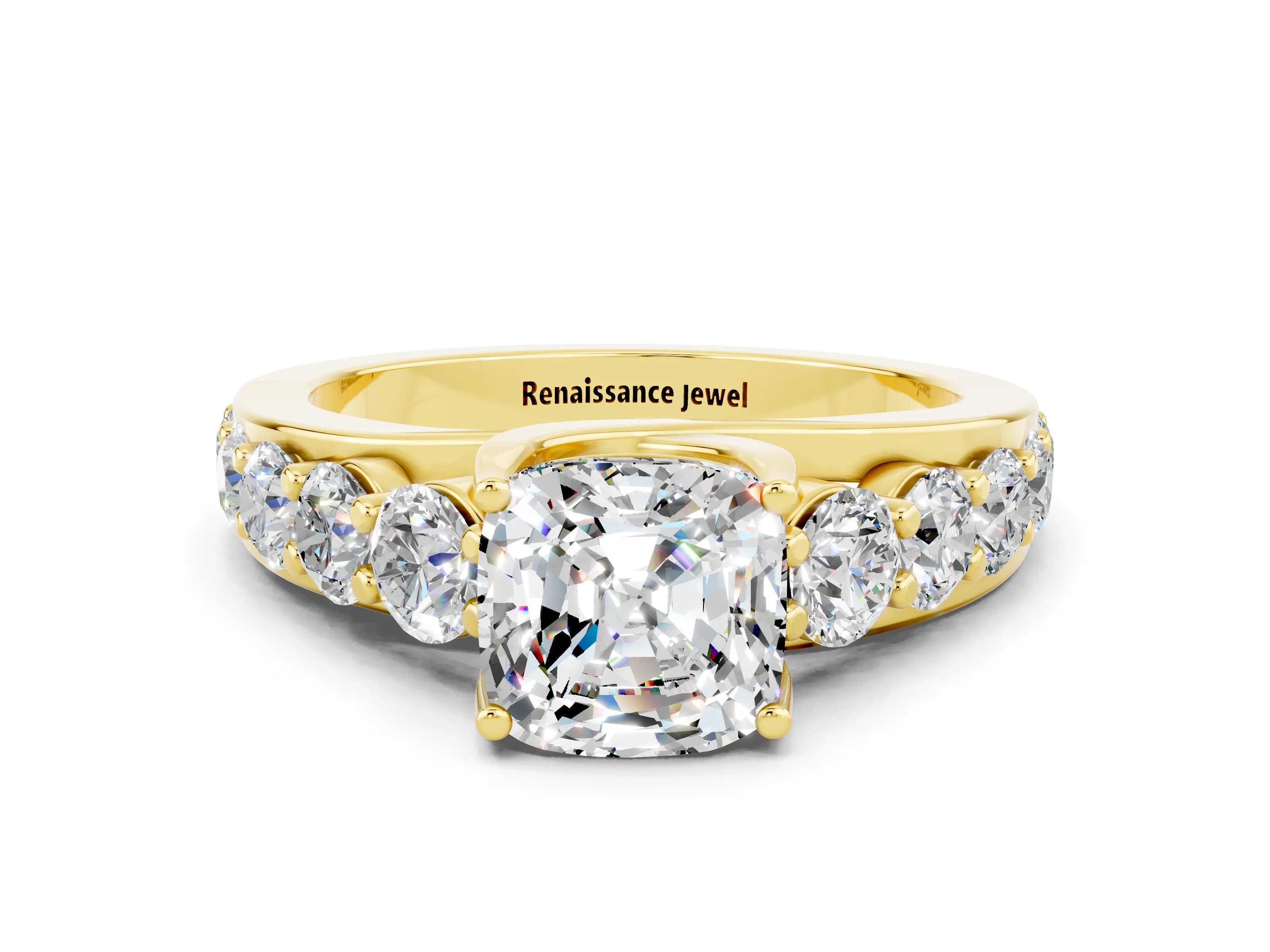 Yellow gold Cushion Cut Moissanite Engagement Ring with Pavé Band and Four-Prong Setting