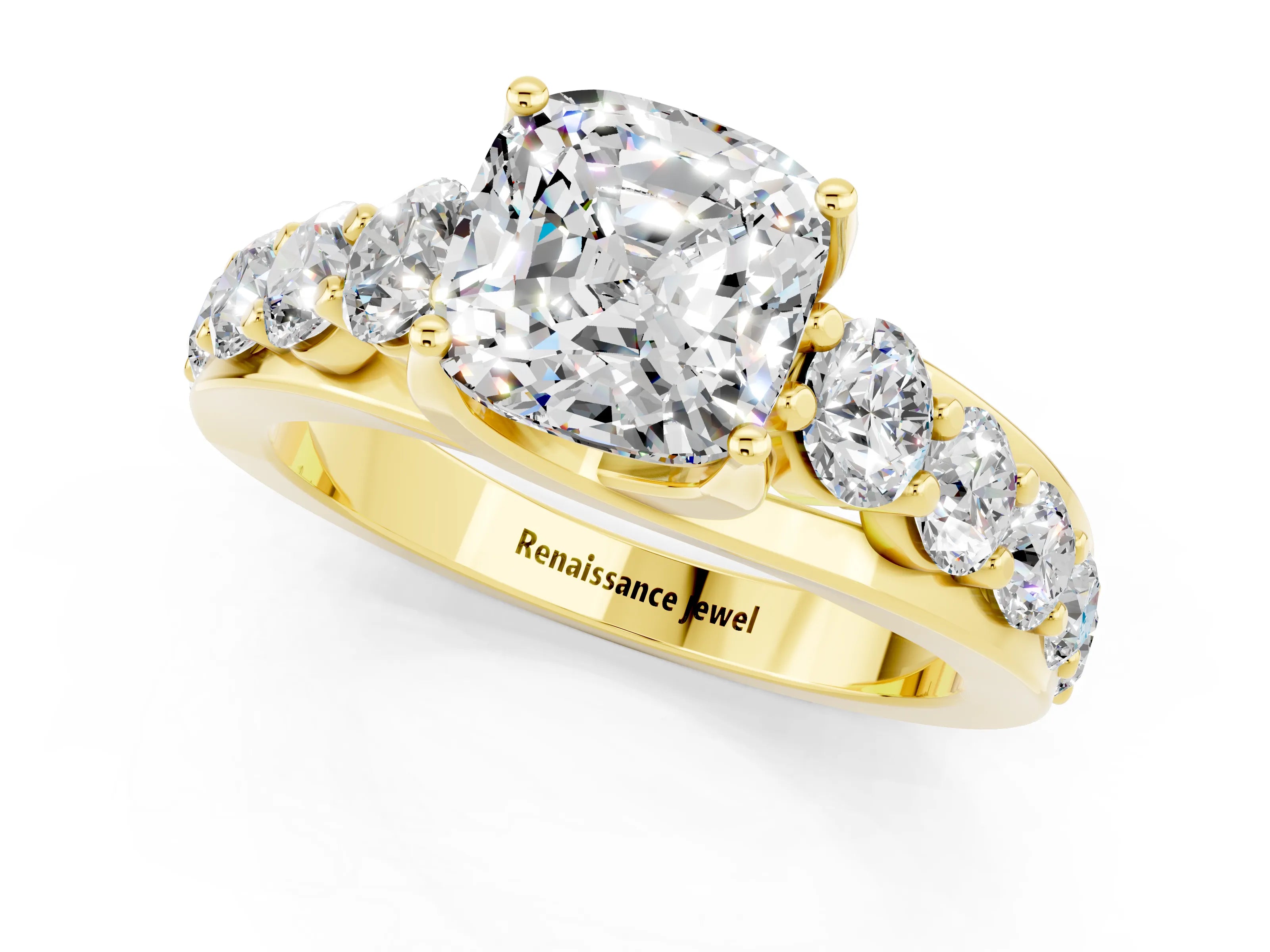 Yellow gold Cushion Cut Moissanite Engagement Ring with Pavé Band and Four-Prong Setting_1