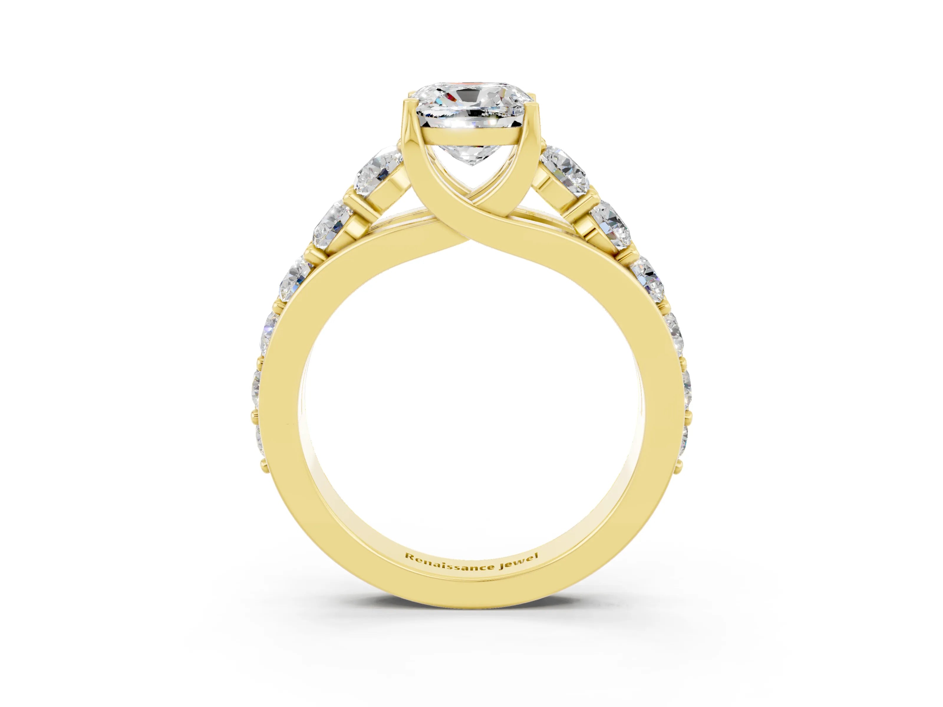 Yellow gold Cushion Cut Moissanite Engagement Ring with Pavé Band and Four-Prong Setting_3