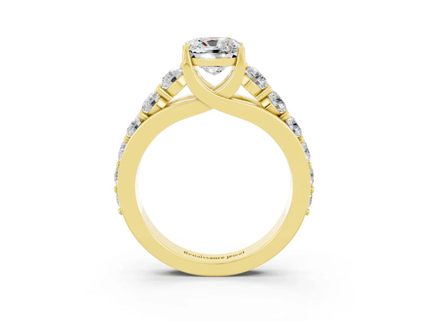 Yellow gold Cushion Cut Moissanite Engagement Ring with Pavé Band and Four-Prong Setting