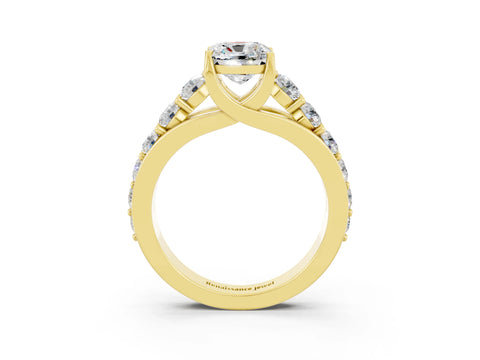Yellow gold Cushion Cut Moissanite Engagement Ring with Pavé Band and Four-Prong Setting_3