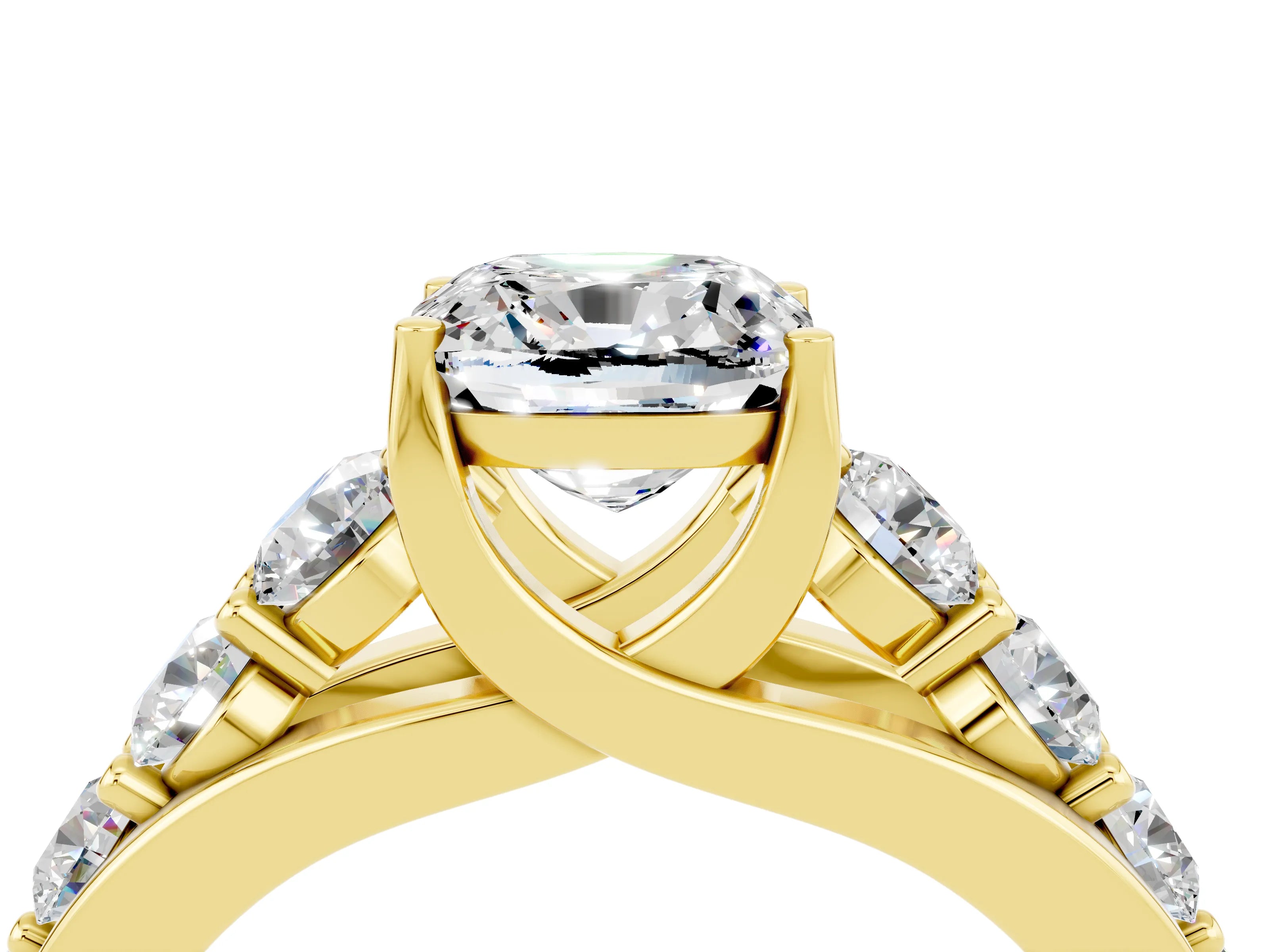 Yellow gold Cushion Cut Moissanite Engagement Ring with Pavé Band and Four-Prong Setting_4
