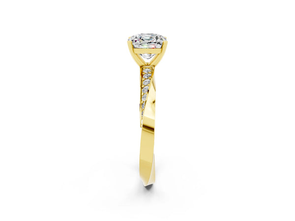 Yellow gold Cushion Cut Moissanite Engagement Ring with Side Stone Accents and Four-Prong Setting