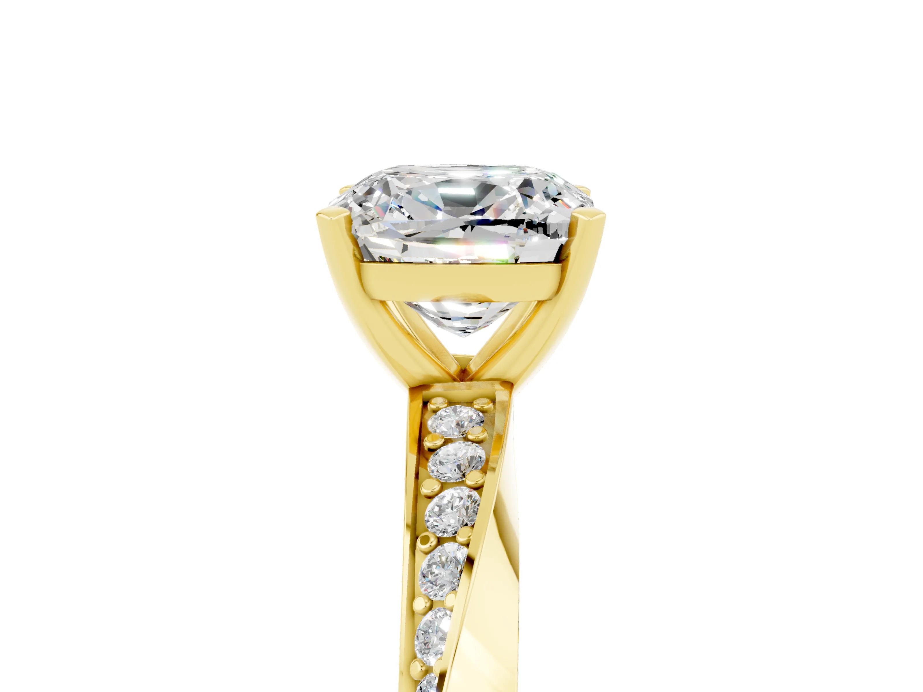 Yellow gold Cushion Cut Moissanite Engagement Ring with Side Stone Accents and Four-Prong Setting_44