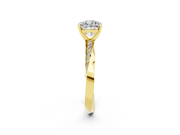 Yellow gold Cushion Cut Moissanite Engagement Ring with Side Stone Accents and Four-Prong Setting
