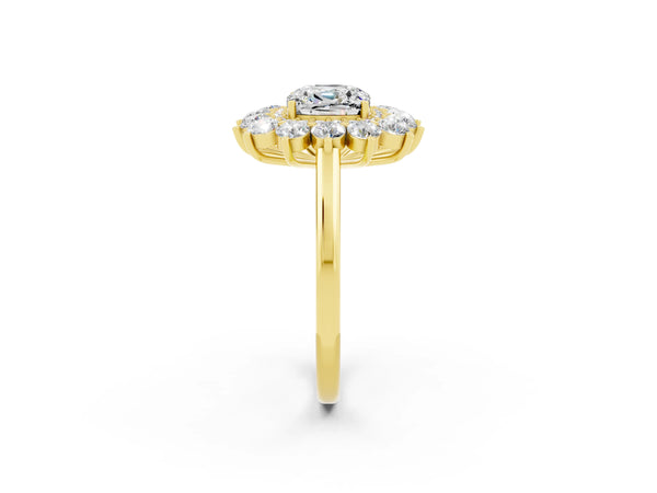 Yellow gold Cushion Cut Moissanite Floral Double Halo Engagement Ring with Prong Setting
