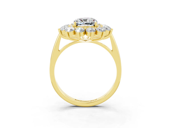 Yellow gold Cushion Cut Moissanite Floral Double Halo Engagement Ring with Prong Setting