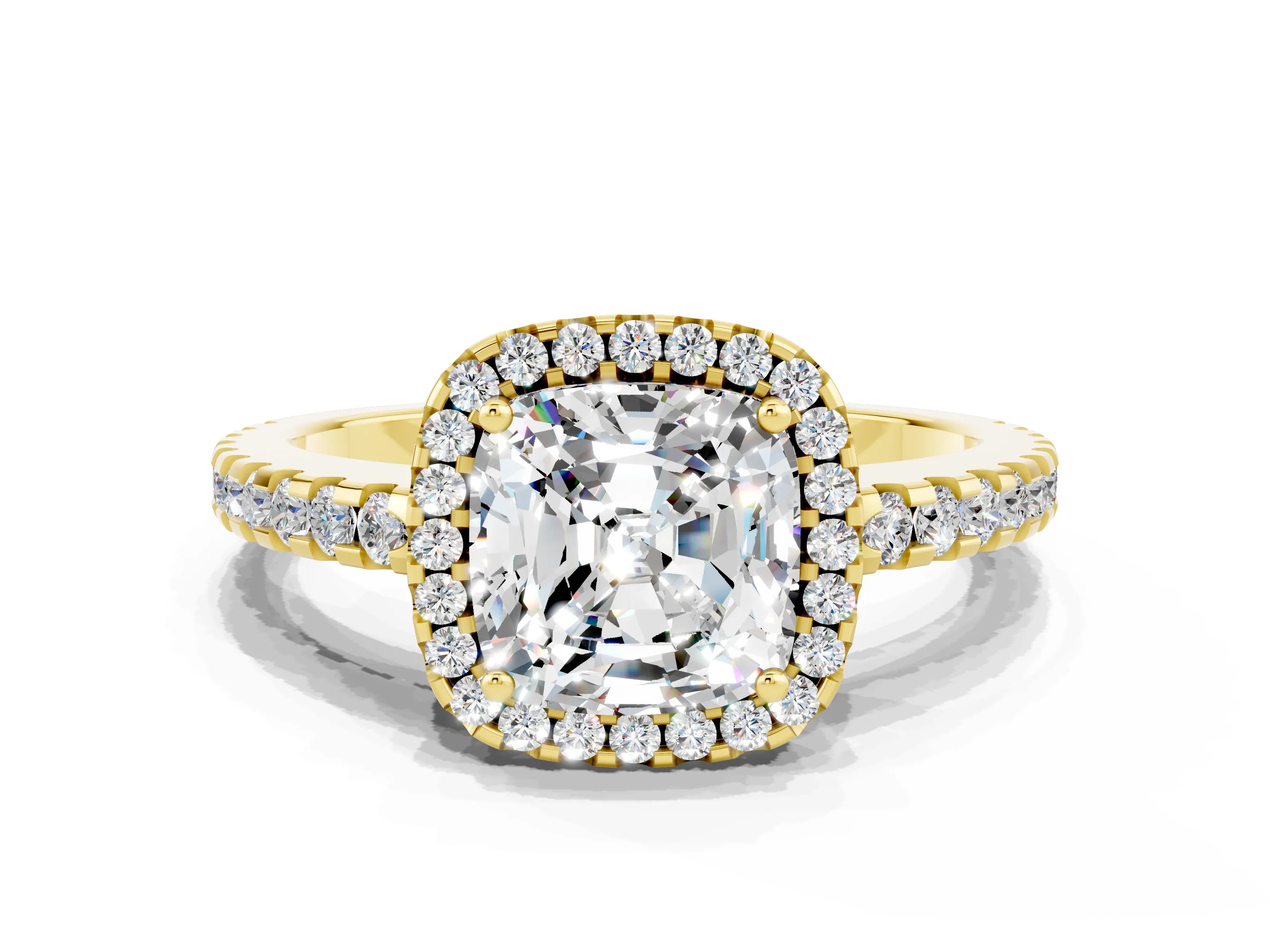 Yellow gold Cushion Cut Moissanite Halo Engagement Ring with Pavé Band and Prong Setting_12