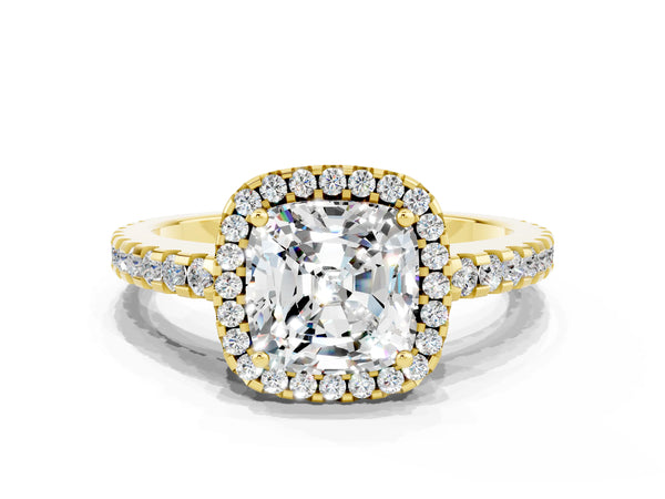 Yellow gold Cushion Cut Moissanite Halo Engagement Ring with Pavé Band and Prong Setting