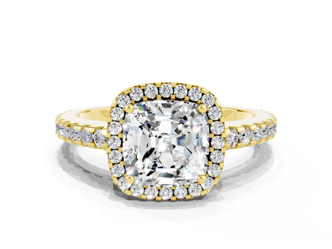Yellow gold Cushion Cut Moissanite Halo Engagement Ring with Pavé Band and Prong Setting_12