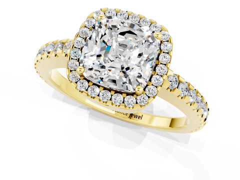Yellow gold Cushion Cut Moissanite Halo Engagement Ring with Pavé Band and Prong Setting_13
