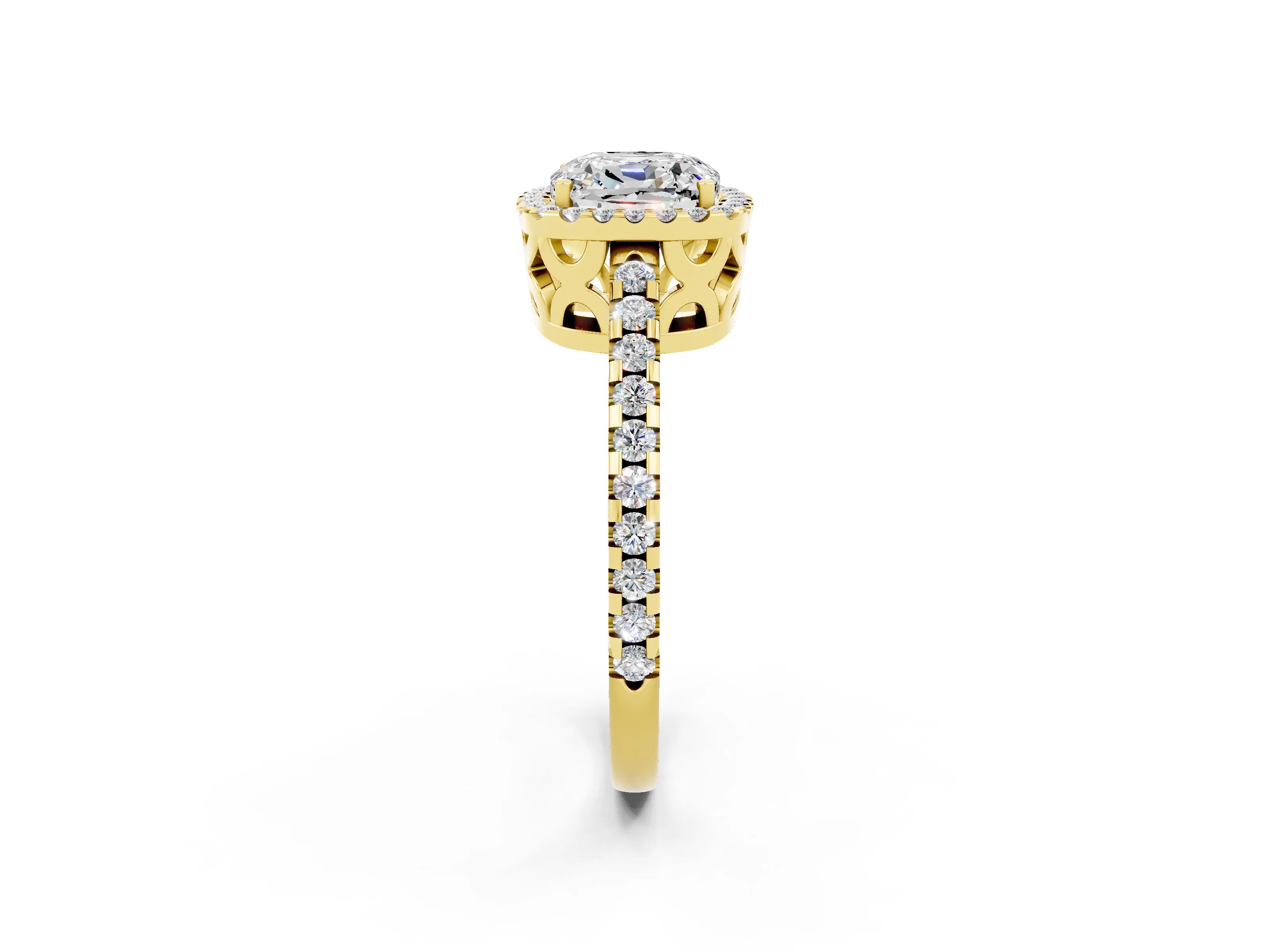 Yellow gold Cushion Cut Moissanite Halo Engagement Ring with Pavé Band and Prong Setting_14