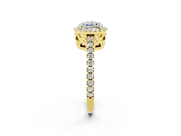 Yellow gold Cushion Cut Moissanite Halo Engagement Ring with Pavé Band and Prong Setting