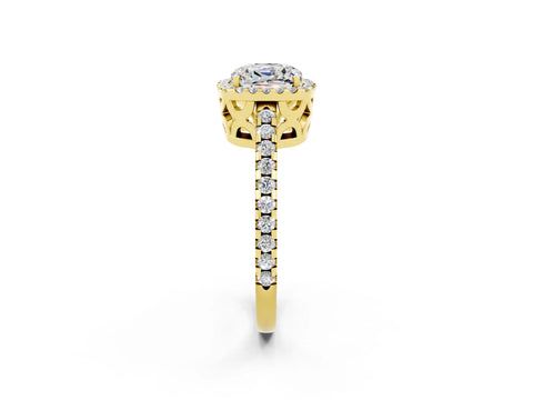 Yellow gold Cushion Cut Moissanite Halo Engagement Ring with Pavé Band and Prong Setting_14