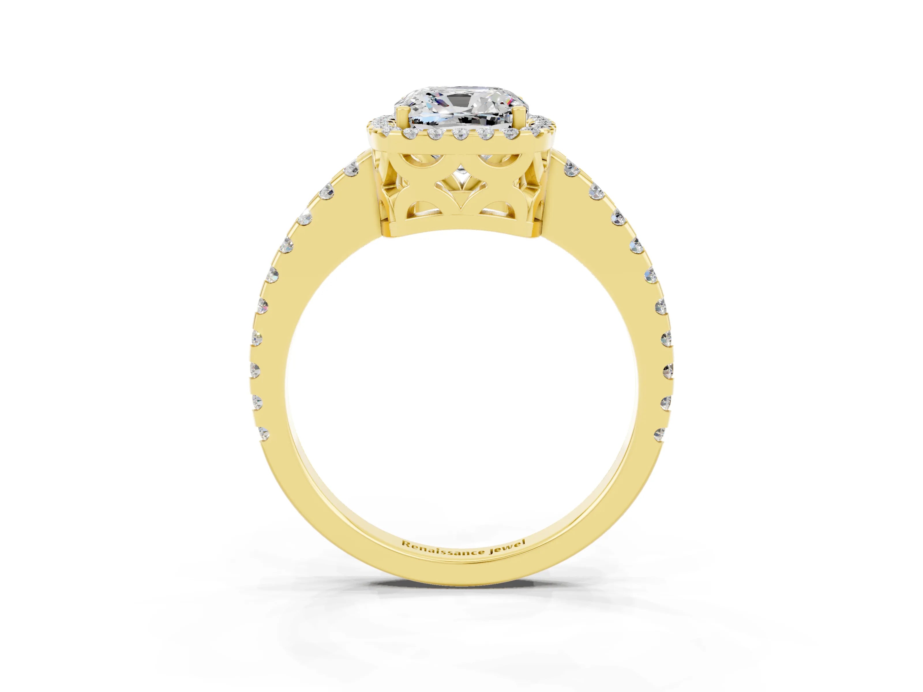 Yellow gold Cushion Cut Moissanite Halo Engagement Ring with Pavé Band and Prong Setting_15