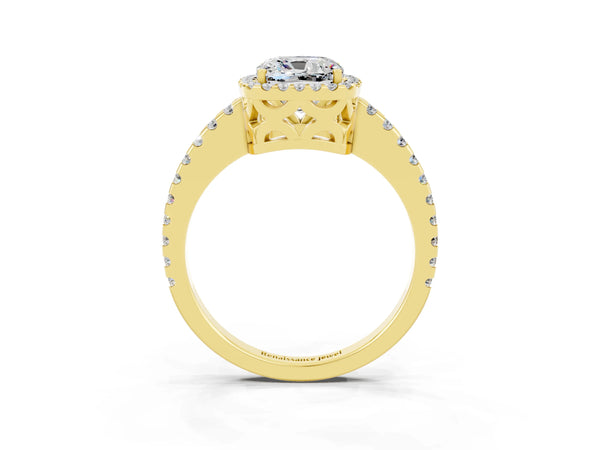 Yellow gold Cushion Cut Moissanite Halo Engagement Ring with Pavé Band and Prong Setting