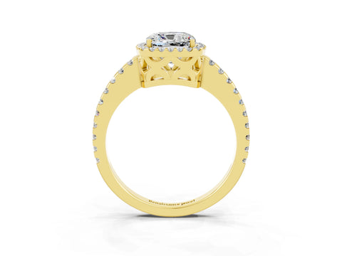 Yellow gold Cushion Cut Moissanite Halo Engagement Ring with Pavé Band and Prong Setting_15