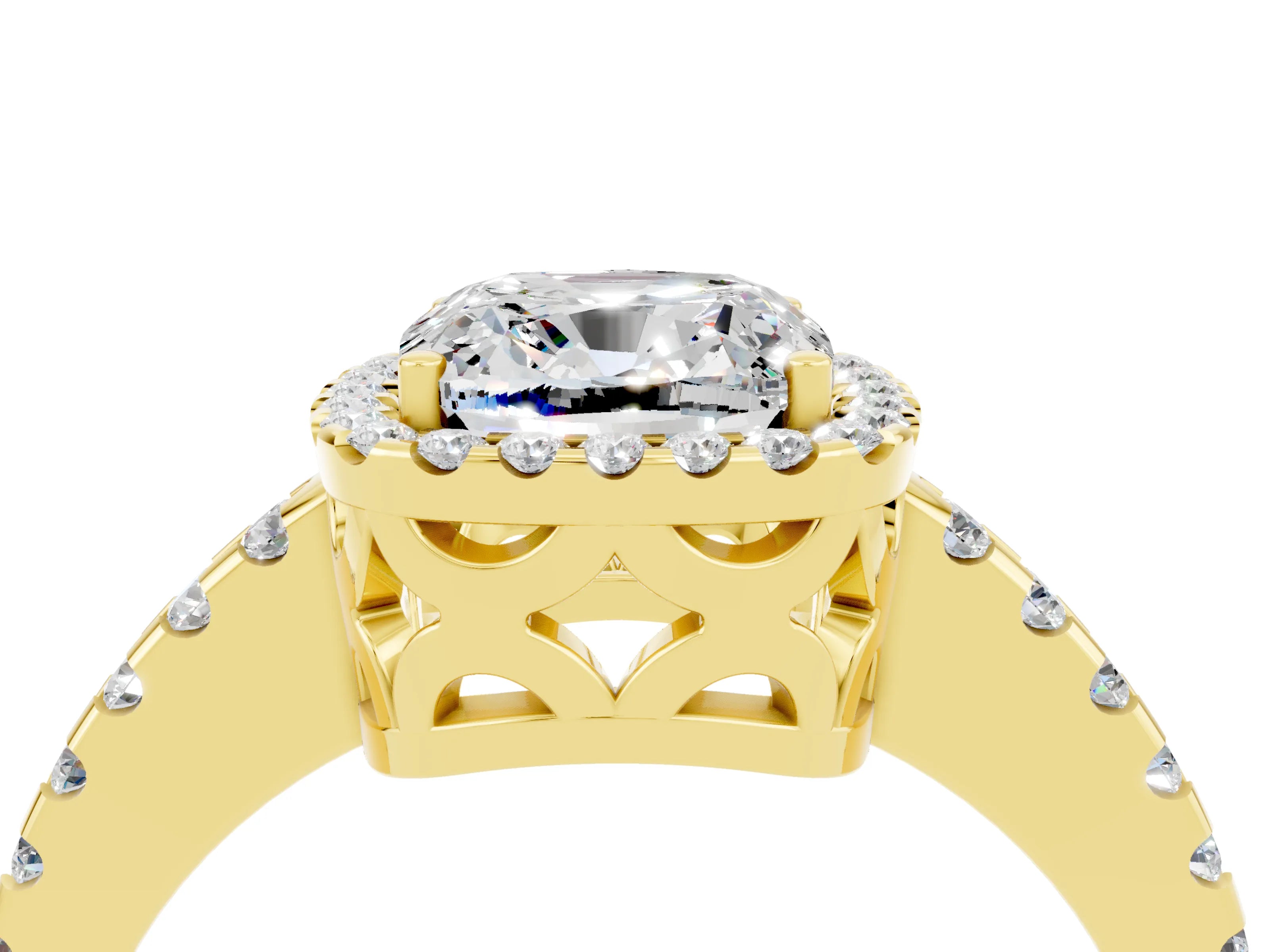 Yellow gold Cushion Cut Moissanite Halo Engagement Ring with Pavé Band and Prong Setting_16